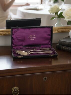 Vtg Swedish Travel Cutlery Set Alpaka Silver Purple Velvet Case Mid Century Thor
